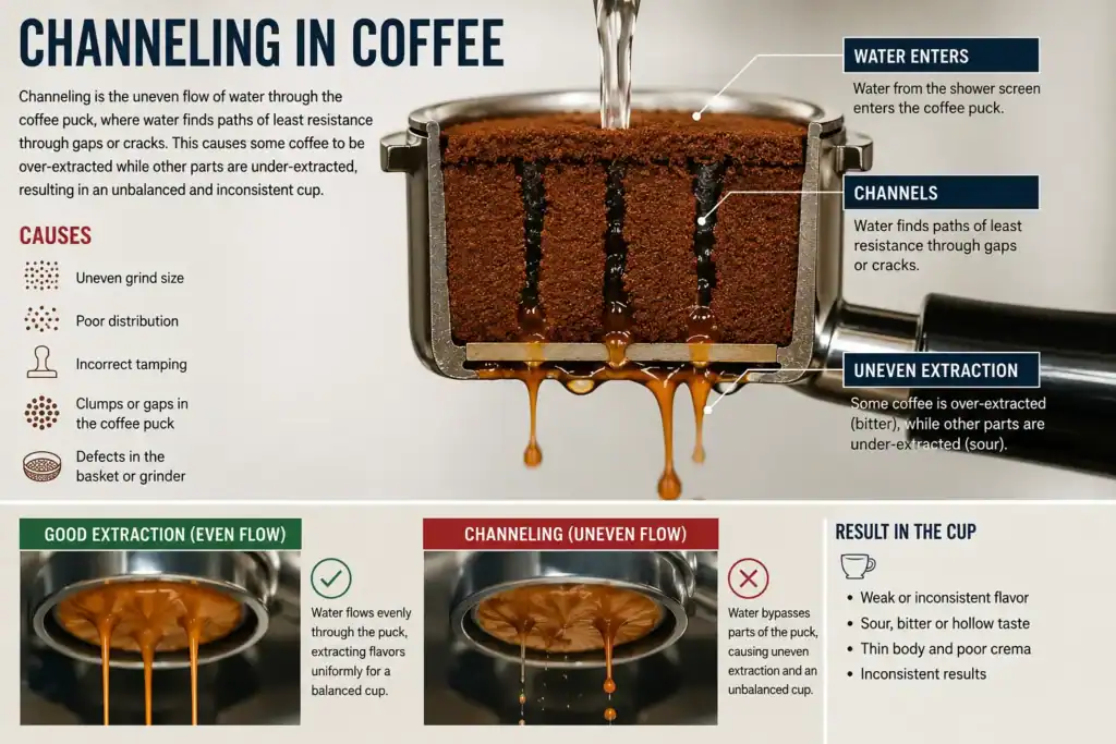 Diagram showing water entering, channels, and uneven extraction in coffee brewing.