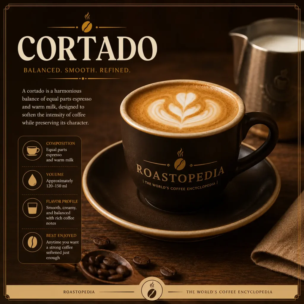 a cortado drink with a nice latte art in a Roastopedia-branded cup