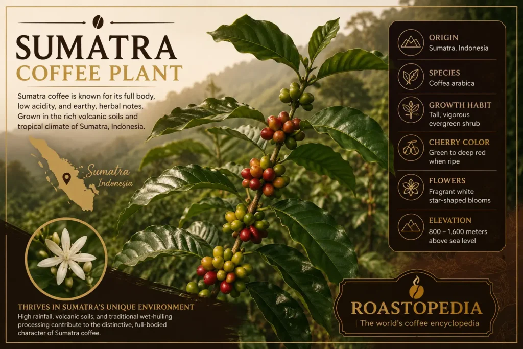 the pyhsical characteristics of the Sumatra coffee plant also known as Sumatran coffee