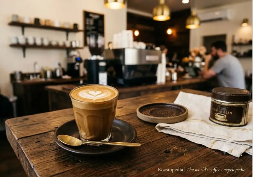 A cortado coffee served in a small glass, showing the layered espresso and steamed milk
